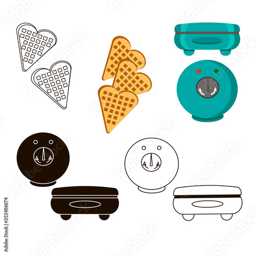 Waffles iron iron vector illustration. Set kitchen appliances on a white background. Drawing on a white background.