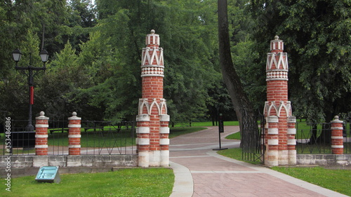 Moscow / Russia, Columns on alley way in Tsaritsino Park Museum on summer day