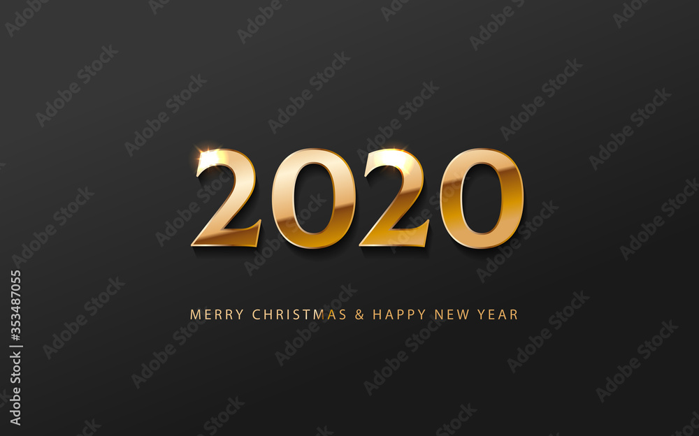 Greeting card web banner or poster with happy new year number 2020 with gold luxury shine effect. Merry christmas and happy new year golden and black color invitation. Vector illustration web. EPS