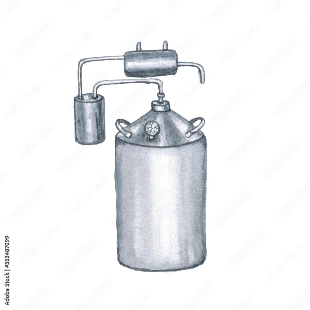 Watercolor illustration of a moonshine still on a white background Watercolor illustration of a moonshine still on a white background