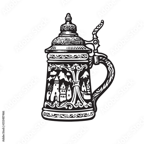 German stein beer mug with decorations in the form of old medieval city. Vector illustration.