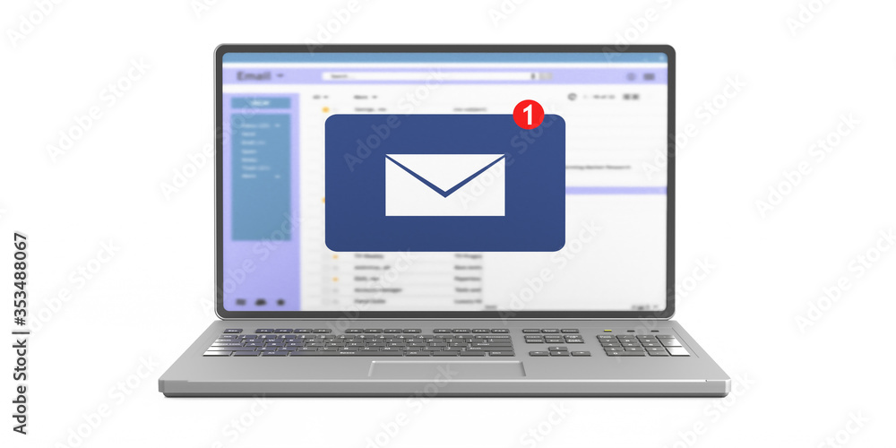Email message inbox notification on laptop screen isolated on white background. 3d illustration Email message inbox notification on laptop screen isolated on white background. 3d illustration
