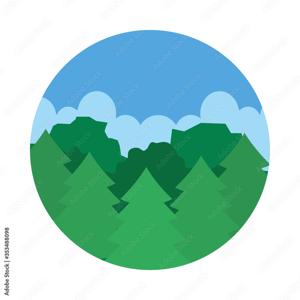 Pines trees, forest landscape icon, flat style