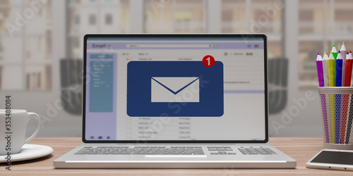 Email message inbox notification on laptop screen, business background. 3d illustration