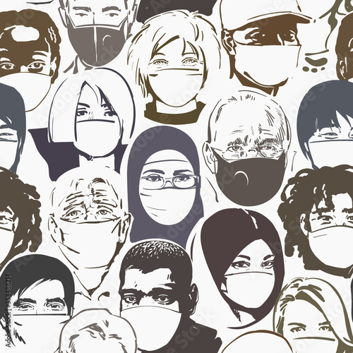 Air pollution protection. People of different ages and nationalities wearing medical masks. Vector illustration.