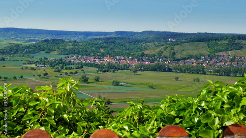 herrlicher weiter Blick von Wurmlinger Kapelle nach Unterjesingen bei Tübingen mit Wiesen und Wäldern photo