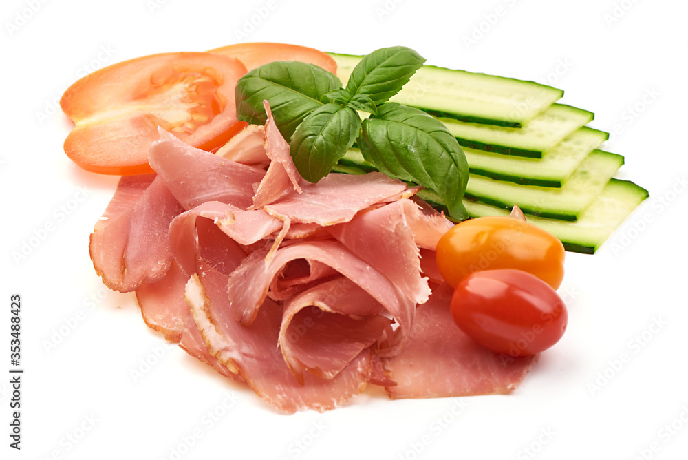 Italian prosciutto, dried meat slices, isolated on white background Italian prosciutto, dried meat slices, isolated on white background