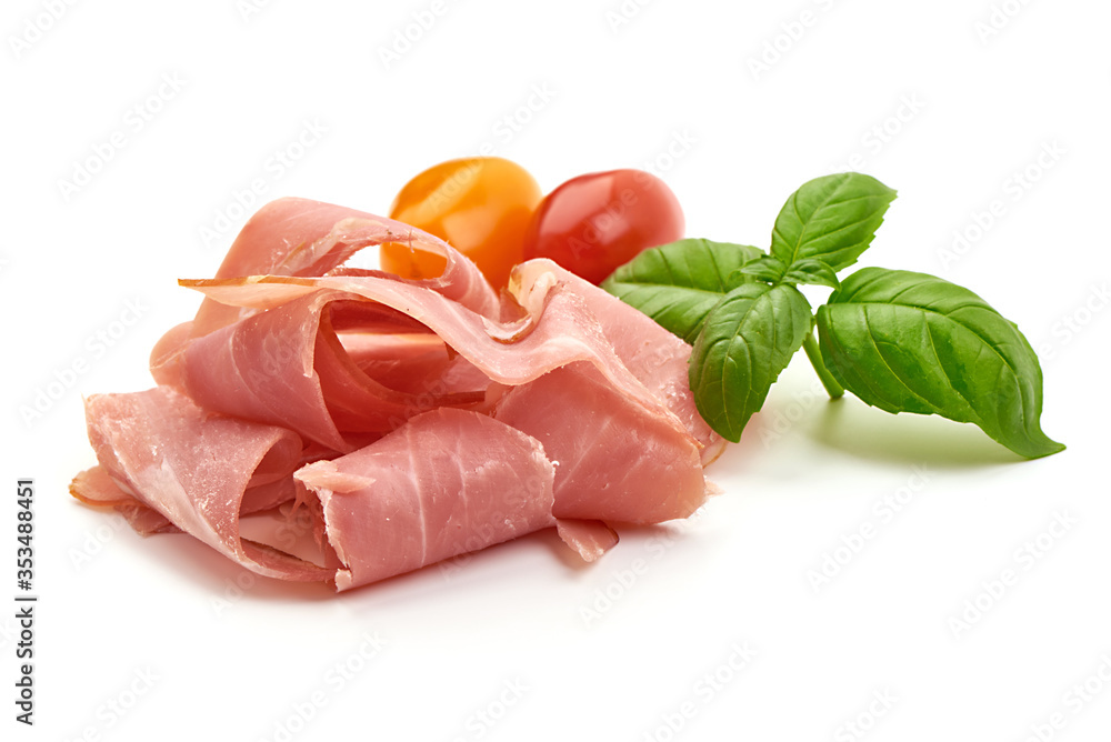 Jamon, dried ham slices, isolated on white background Jamon, dried ham slices, isolated on white background
