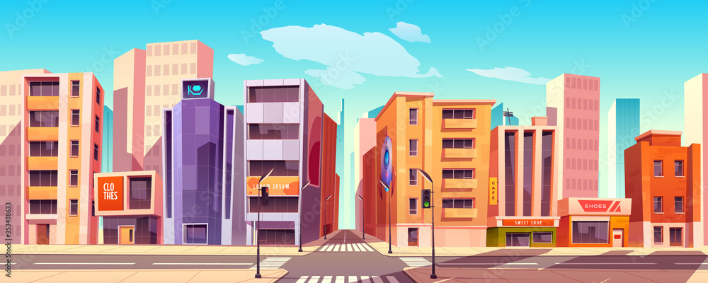City Street With Houses Road With Pedestrian Crosswalk Traffic Lights And Street Lights Vector Cartoon Background With Cityscape Urban Landscape With Residential Buildings Office And Shops Stock Vector Adobe Stock City Street With Houses Road With Pedestrian Crosswalk Traffic Lights And Street Lights Vector Cartoon Background With Cityscape Urban Landscape With Residential Buildings Office And Shops Stock Vector Adobe Stock