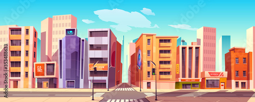 City street with houses, road with pedestrian crosswalk, traffic lights and street lights. Vector cartoon background with cityscape, urban landscape with residential buildings, office and shops