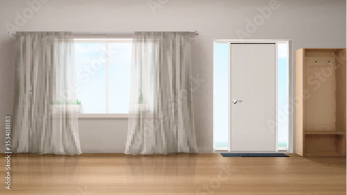 Home hallway with entrance door, window with white silk curtains and wardrobe. Vector realistic interior of empty corridor, house hall with wooden floor and glass insert near closed door
