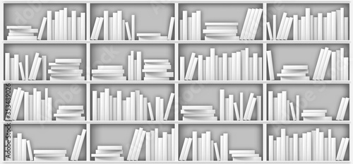 White bookshelf mockup, books on shelf in library, home, school or office interior. Volumes with blank paperback stand in row and lying in pile on rack standing on floor, realistic 3d vector mock up