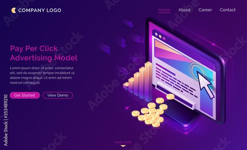 Pay per click isometric landing page, computer with cursor clicking on ad button, money falling from desktop. Ppc business, cpc advertising model, sponsored listing technology 3d vector web banner photo