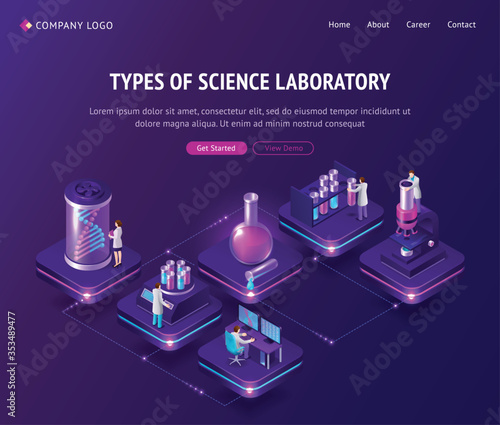 Vaccine development in laboratory isometric landing page, scientists working in lab with medical bottles and huge dna spiral projection on covid19 virus cell vaccination remedy, 3d vector web banner
