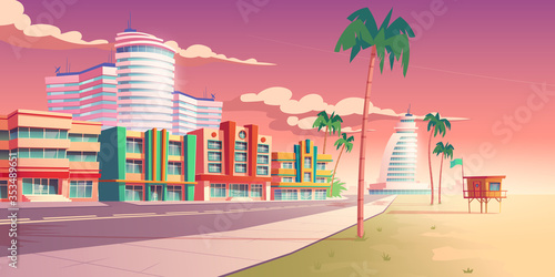 Street in Miami with hotels, sand beach and palm trees. Vector cartoon tropical landscape with buildings in resort city at sunset. Summer cityscape with empty road and rescue tower on sea shore