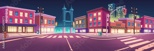 City street with houses, road with pedestrian crosswalk and traffic lights at night. Vector cartoon cityscape, urban landscape with buildings with lit windows, overpass road and skyscrapers