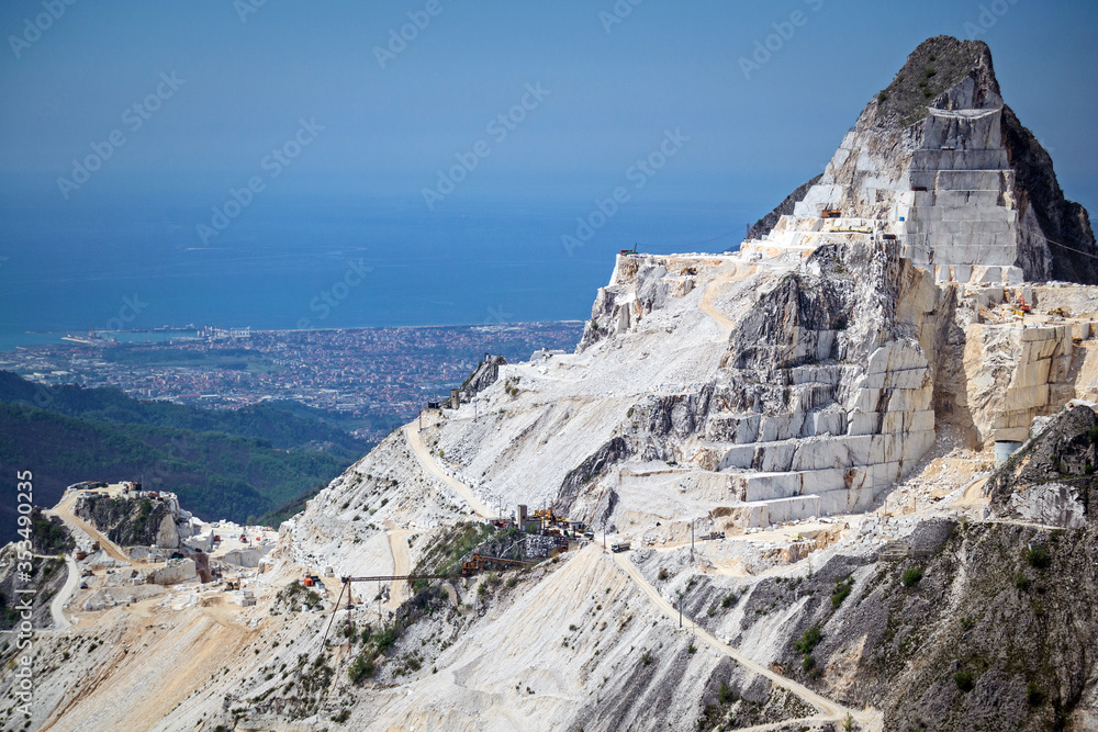 landscape of white marble quarries of Carrara in 

the Apuan Alps. Colonnata, Massa Carrara district. Tuscany, 

Italy