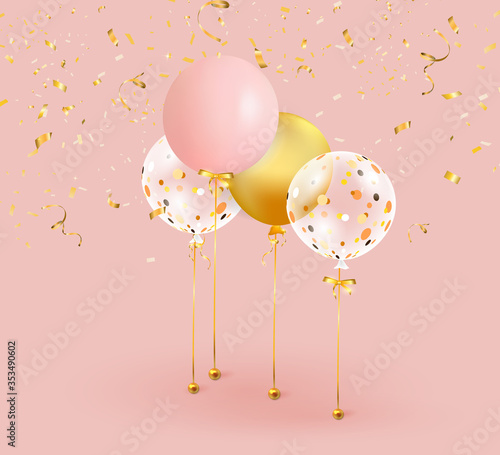 Set of pink, golden balloons with gold confetti. Celebrate a birthday, Poster, banner happy anniversary. Realistic decorative design elements. Festive background with helium balloons.