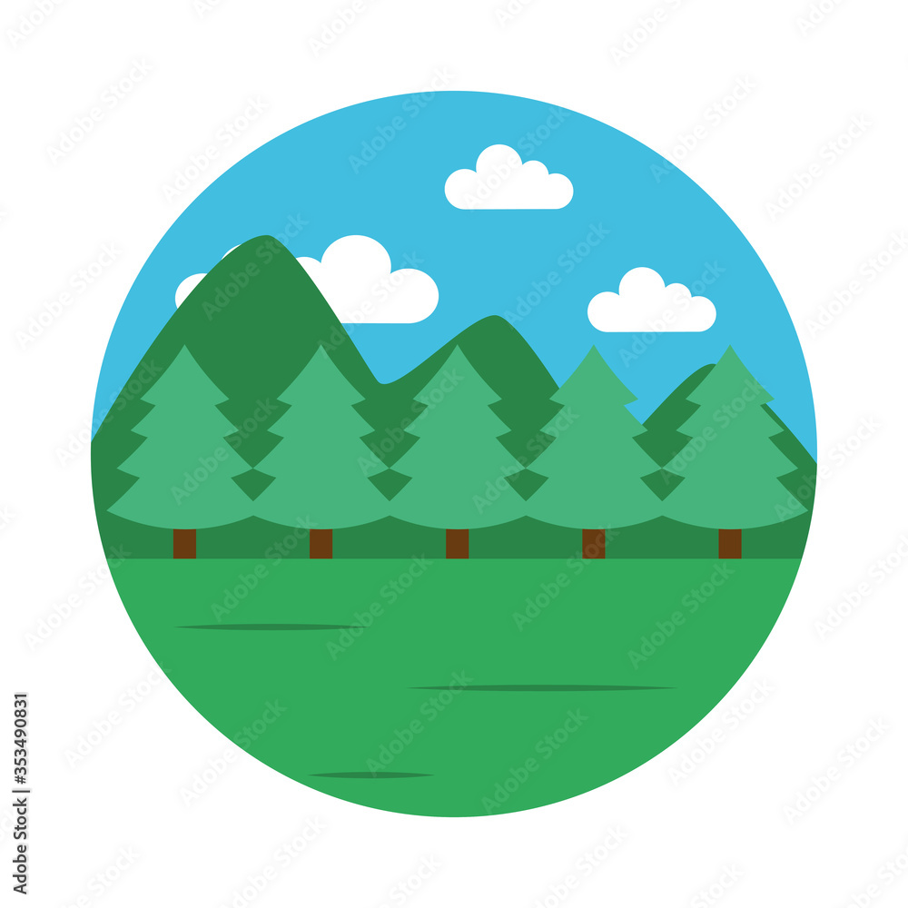 Mountains and forest landscape icon, flat style