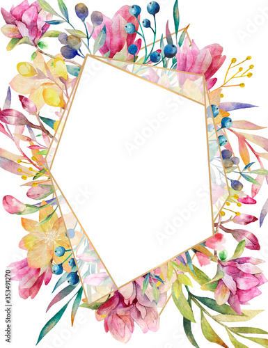 Hand drawn card. Wedding ornament concept. Beautiful banners with flowers and gold geometric elements. Frame templates.