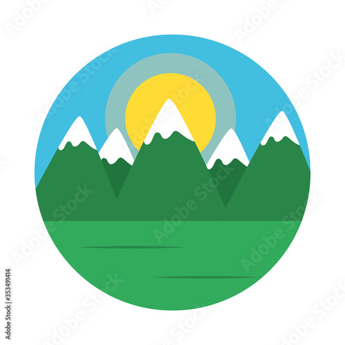 Sunny landscape with snowy mountains, flat style