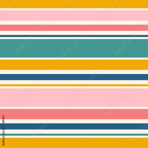 Horizontal stripes seamless pattern. Simple vector texture with thin and thick lines. Abstract geometric striped background in bright colors, yellow, teal green, navy blue, pink. Modern repeat design