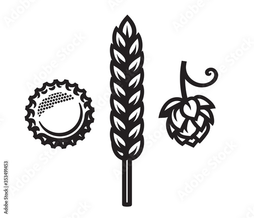 Beer bottle cap, barley or wheat ear and hop cone icons. Vector illustration.