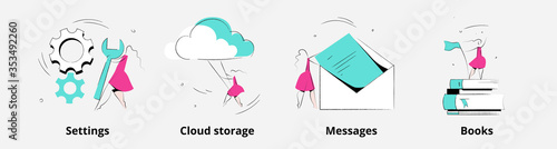 Product category. Vector illustration of settings, service maintenance, messages, lirary, cloud storage. Isolated vector illustration in modern minimal style. Mobile app onboarding screen.