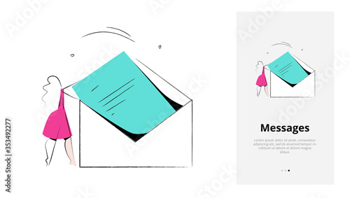 Vector illustration of e-mail and messages delivery. A woman holding a big envelope. Isolated vector illustration in modern minimal style. Mobile app onboarding screen.