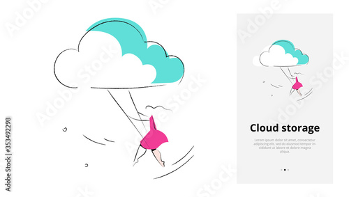 Product category. Vector illustration of a cloud storage. A woman holding a wrench near cogwheels. Isolated vector illustration in modern minimal style. Mobile app onboarding screen.