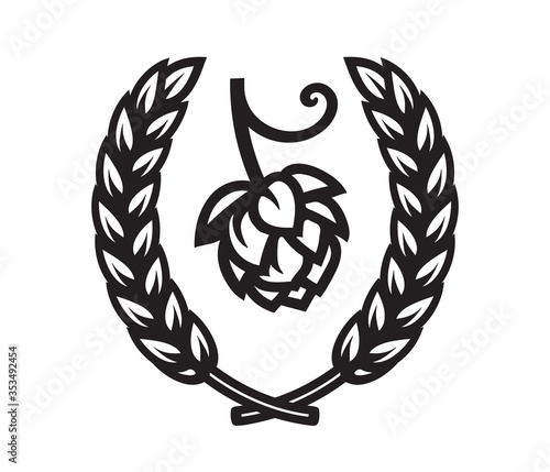 Wreath of wheat or barley ears and hop cone. Vector illustration.