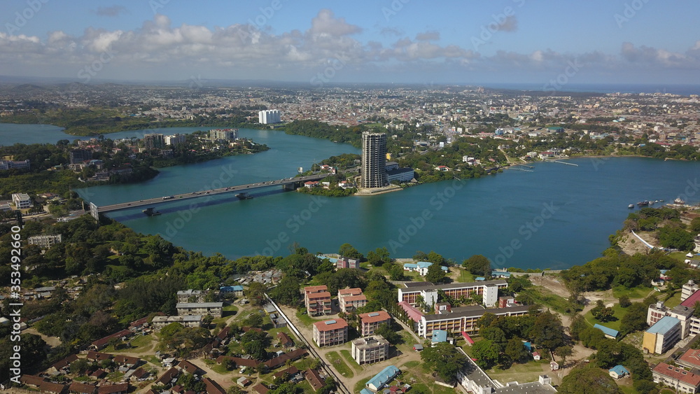 Mombasa Island as seen from the aerial view.  The New Nyali bridge  and Tudor Creek is visible