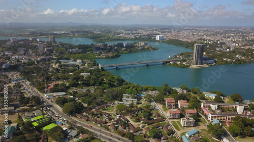 Mombasa Island as seen from the aerial view.  The New Nyali bridge  and Tudor Creek is visible photo