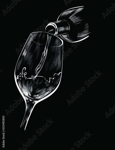 Full glass of wine  chalk drink vector isolated on black background. Concept for logo, cards, print, icon 