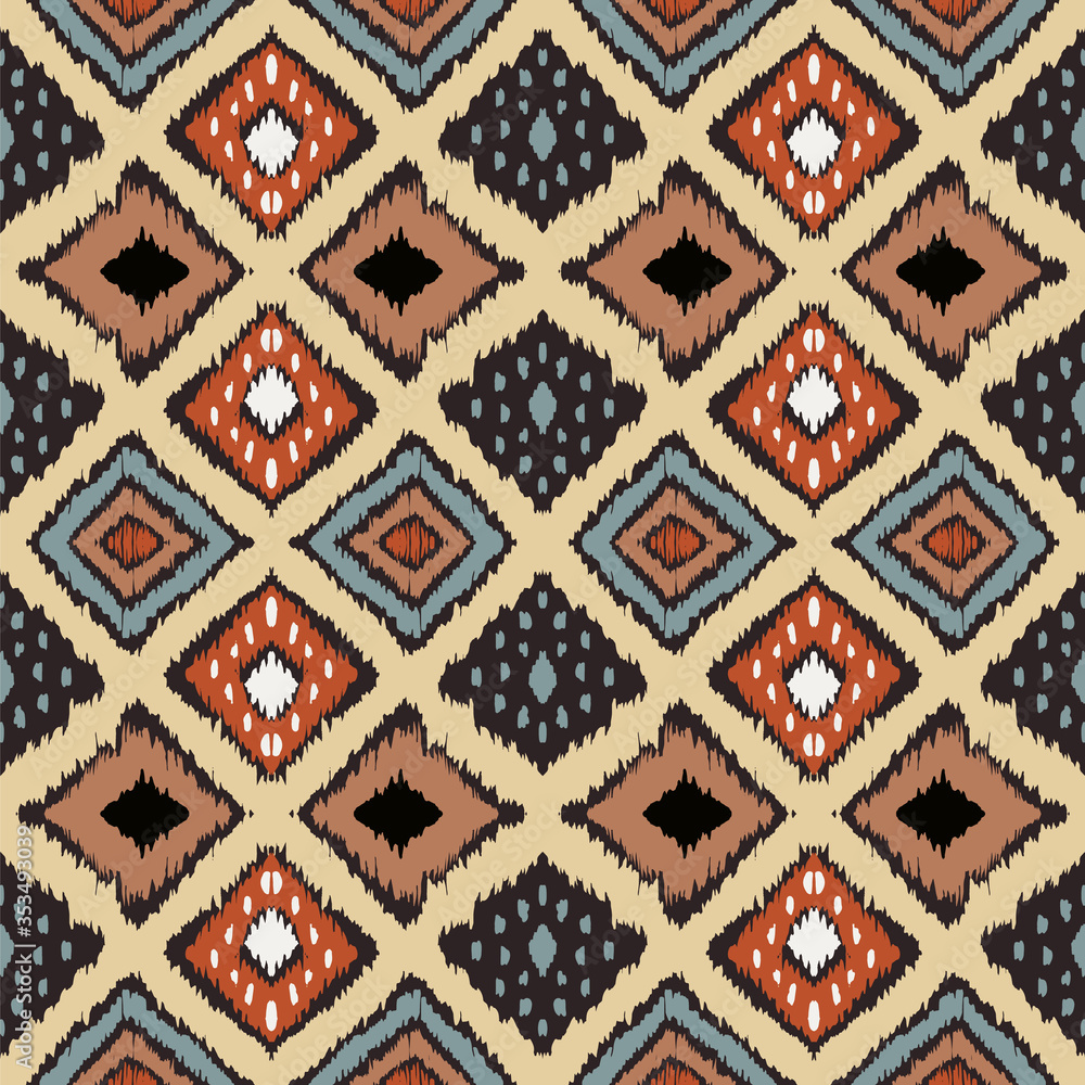 Ikat geometric folklore ornament with diamonds. Tribal ethnic vector texture. Seamless striped pattern in Aztec style. Folk embroidery. Indian, Scandinavian, Gypsy, Mexican, African rug. Ikat geometric folklore ornament with diamonds. Tribal ethnic vector texture. Seamless striped pattern in Aztec style. Folk embroidery. Indian, Scandinavian, Gypsy, Mexican, African rug.