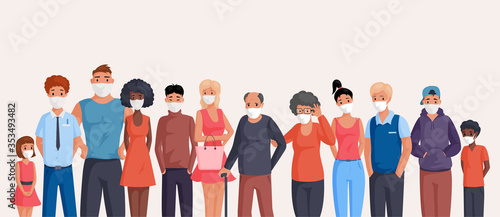 Group of people wearing face masks to protect viruses, air pollution, smog vector flat cartoon illustration.