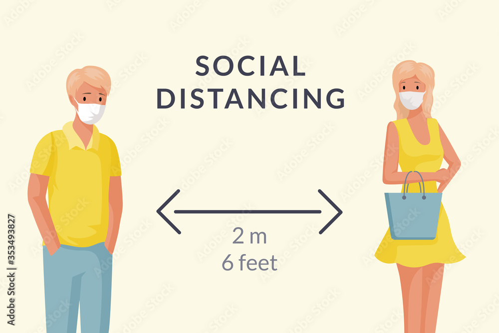 Man and woman wearing masks and maintain social distancing vector flat cartoon illustration. Man and woman wearing masks and maintain social distancing vector flat cartoon illustration.