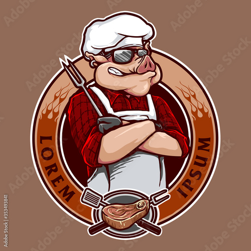 pig with barbeque badge vector illustration