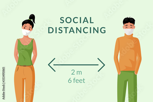 Social distancing banner concept. Young man and woman in face masks keep distance vector flat cartoon illustration.