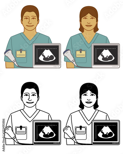 set of sonographer ultrasound technician vector icons male and female, with sonogram image of fetus and transducer isolated on white background