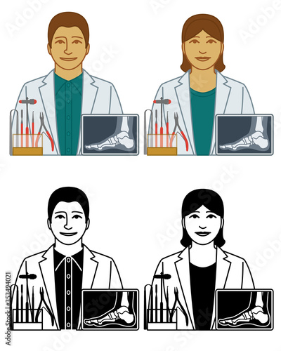 set of podiatrist vector icons male and female, with tools and foot x-ray, isolated on white background