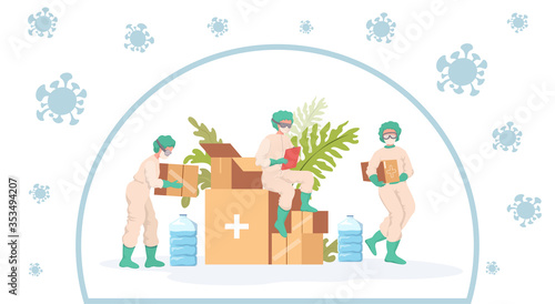 Medical workers take humanitarian aid during coronavirus outbreak vector flat cartoon illustration.