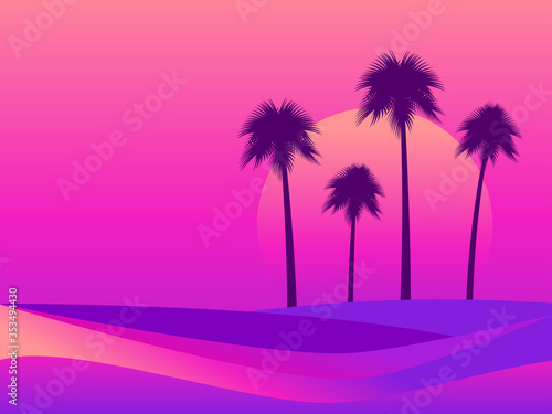 Fototapeta Naklejka Na Ścianę i Meble -  Tropical landscape with palm trees on a background of sea sunset. Colorful gradients in the style of the 80s. Retro futuristic style. Background for advertising, poster and banner. Vector illustration