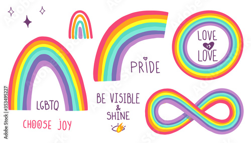 LGBTQ+ related symbols set in rainbow colors: Heart, Peace, Rainbow, Love