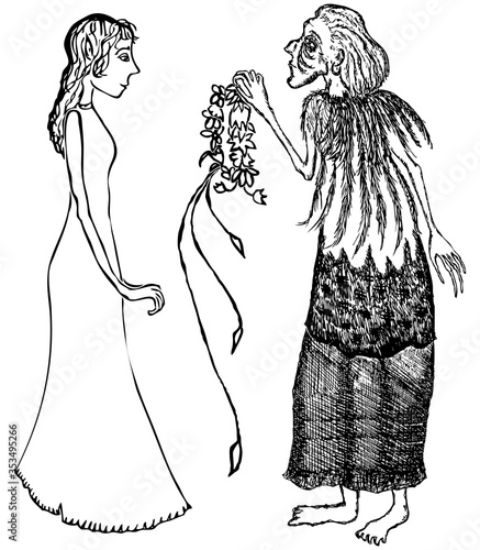 Vector drawing of an old witch giving a wreath to a young sorceress