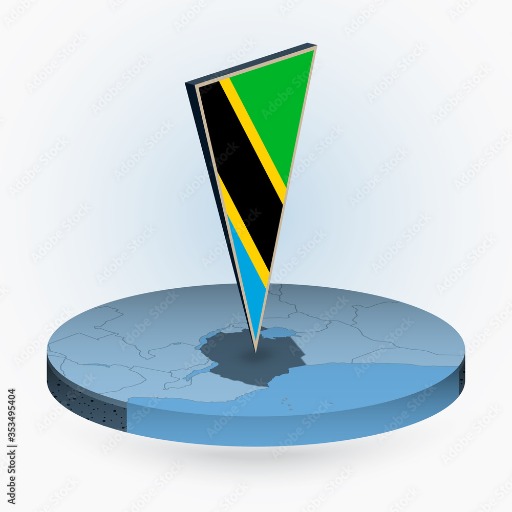 Tanzania map in round isometric style with triangular 3D flag of ...