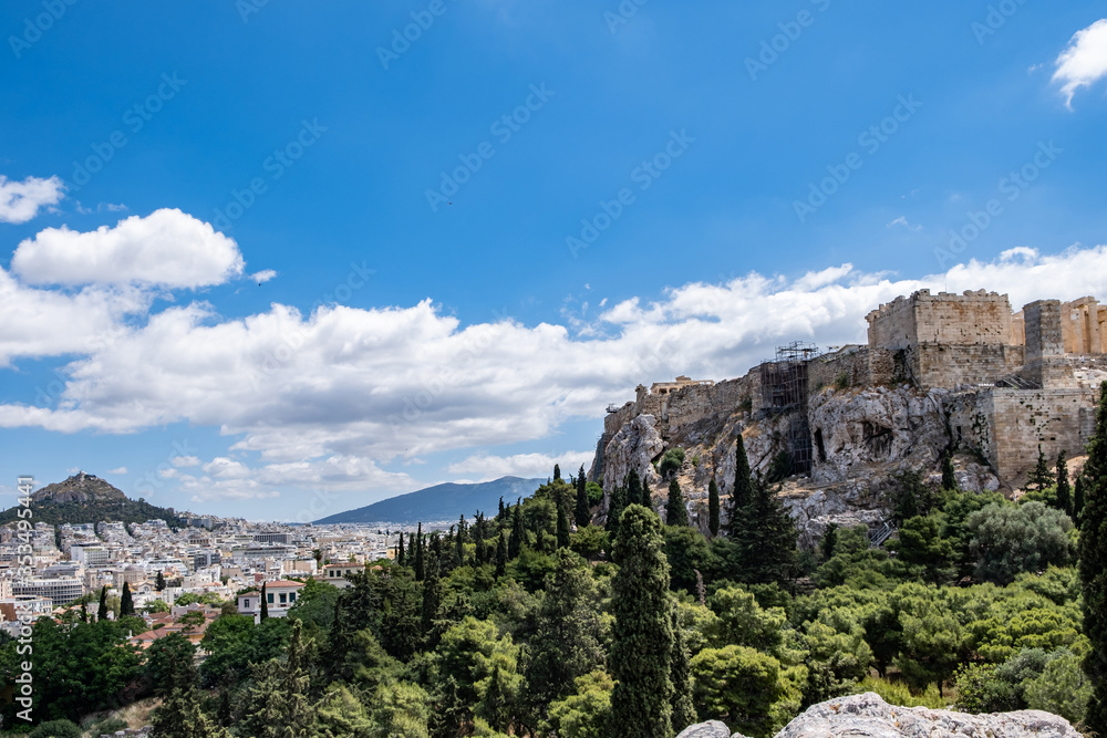 Acropolis of Athens and Mount Lycabettus view from Areopagus hill in Greece