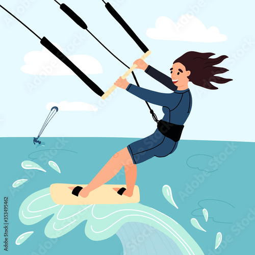 Funny young sportsmen girl kite surfer ride a wave. Flat vector isolated illustration.