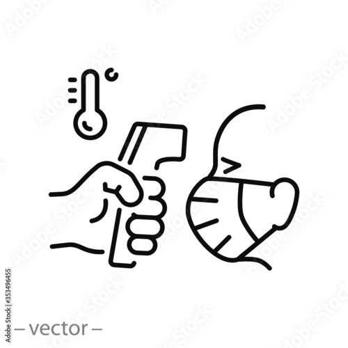 measurement body temperature icon, thermometer in a hand with head in a mask, check fever, thin line web symbol on white background - editable stroke vector illustration eps10