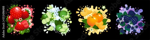 Set of dramatic citrus and berries - tangerine, lime, strawberry, blackberry